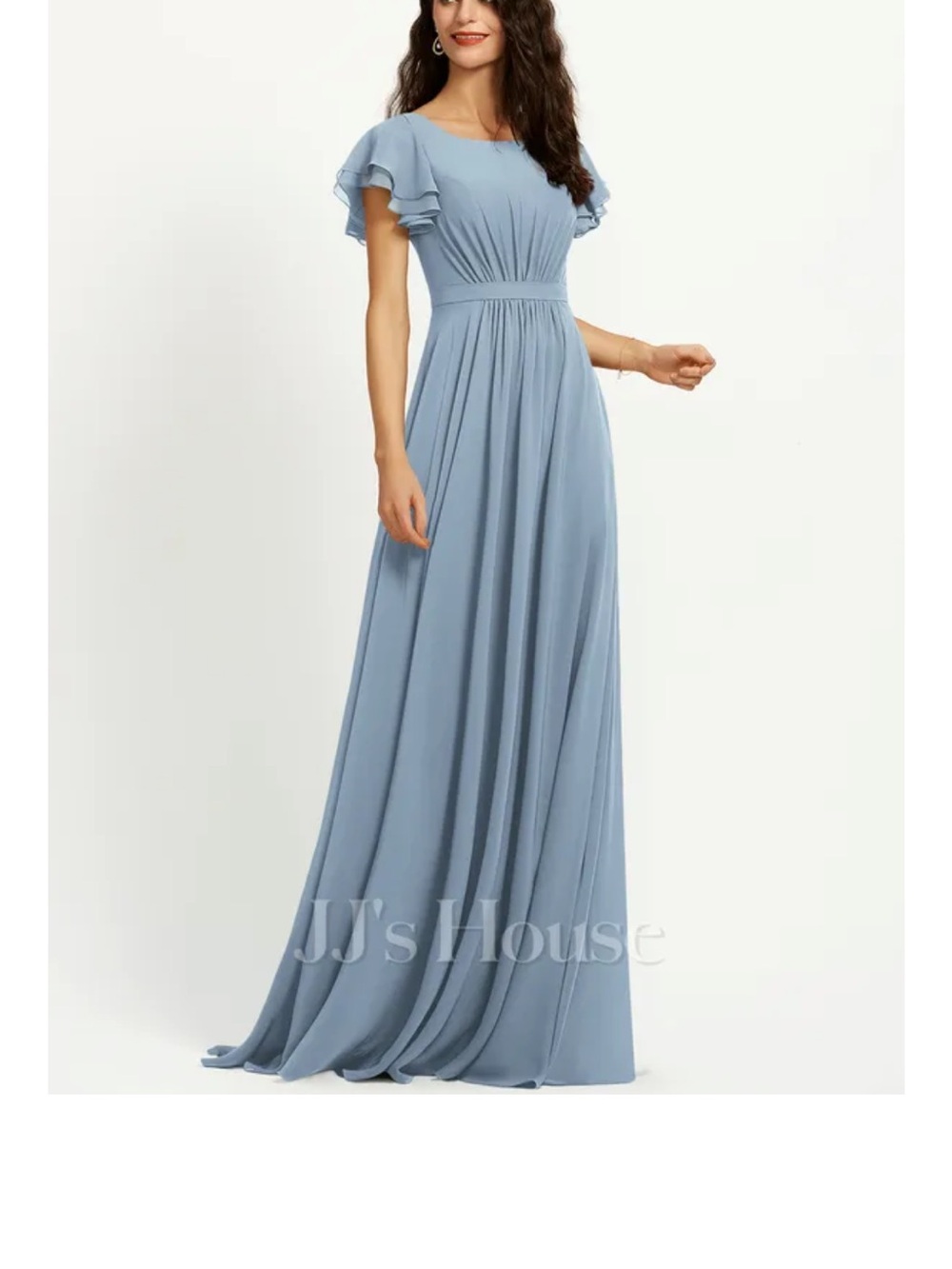 JJs House Dusty Blue Flutter Sleeve Maxi Gown Bridesmaid dress